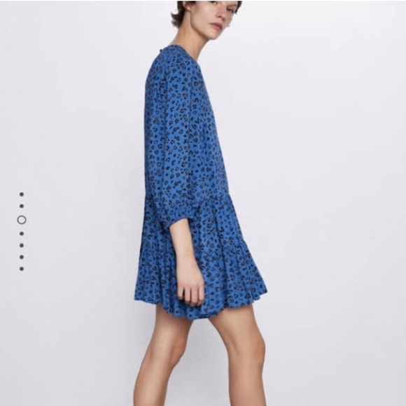 Zara Blue Leopard Tiered Smock Dress large - Picture 2 of 9